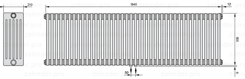 Схема (чертеж) Радиатор Zehnder Charleston 6090/40 №5410 Белый глянцевый RAL 9016